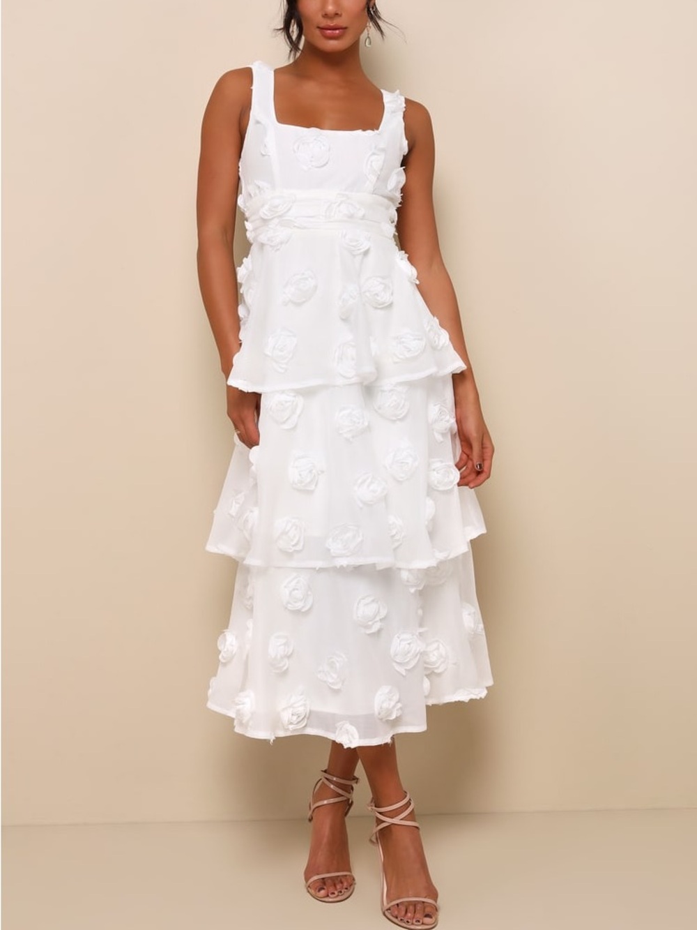 NWT Lulus Exceptional Entrance White Sleeveless Tiered Rosette Midi Dress Size S